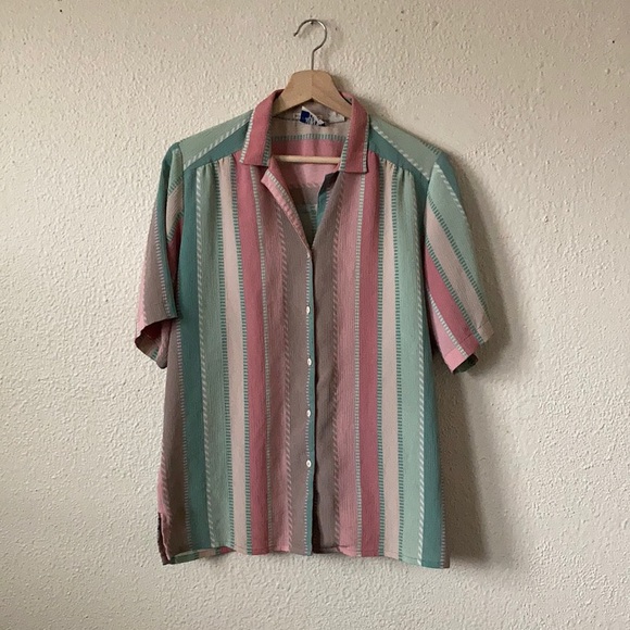 Allison Daley Vintage 90โs Pastel Candy Unisex Striped Lightweight Button Up 12 - Picture 5 of 11